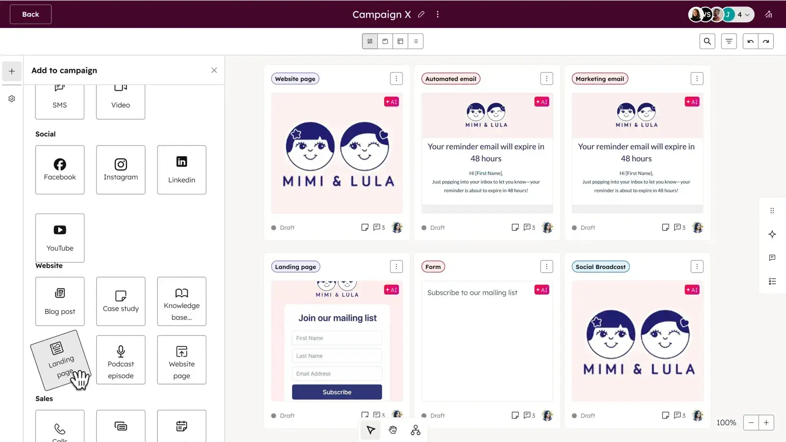 HubSpot Marketing Hub screenshot showing AI workflow automation tools creating a multi-channel campaign.